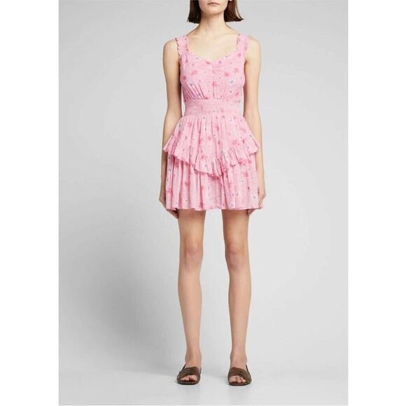 LOVESHACKFANCY | Norelli Smocked Ruffle Floral Pink Mini Dress Women’s Size L - Picture 1 of 12